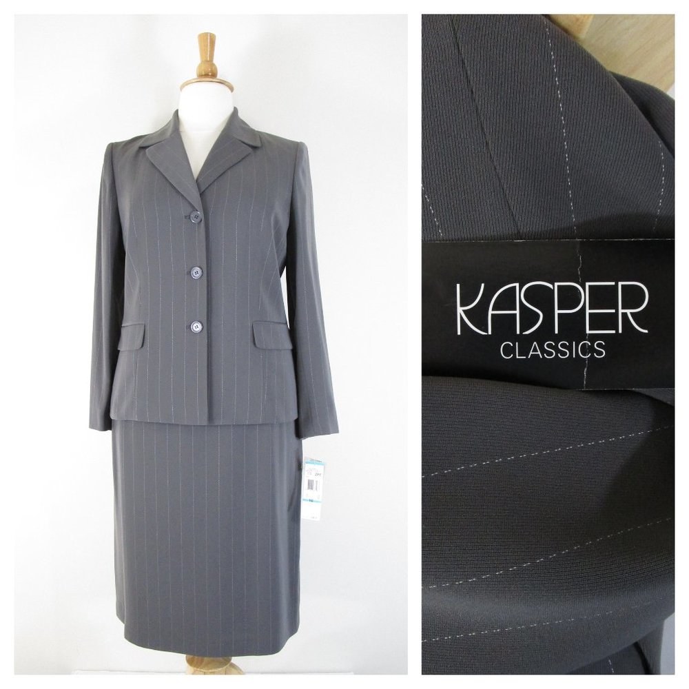 Kasper Plus Size Gray Pinstripe Skirt Suit 16